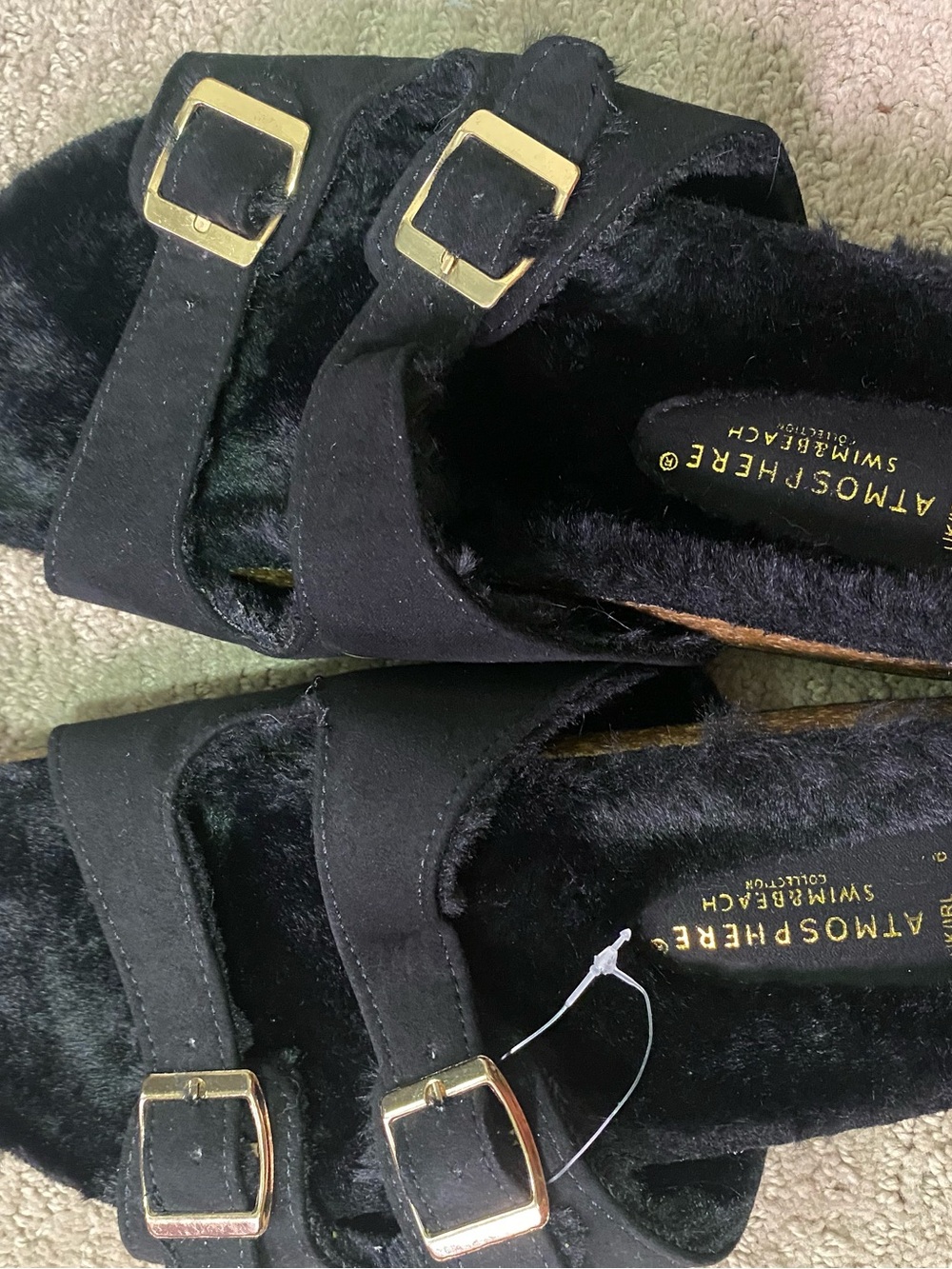 Atmosphere Black Fuzzy Slide Sandals with Gold Buckles